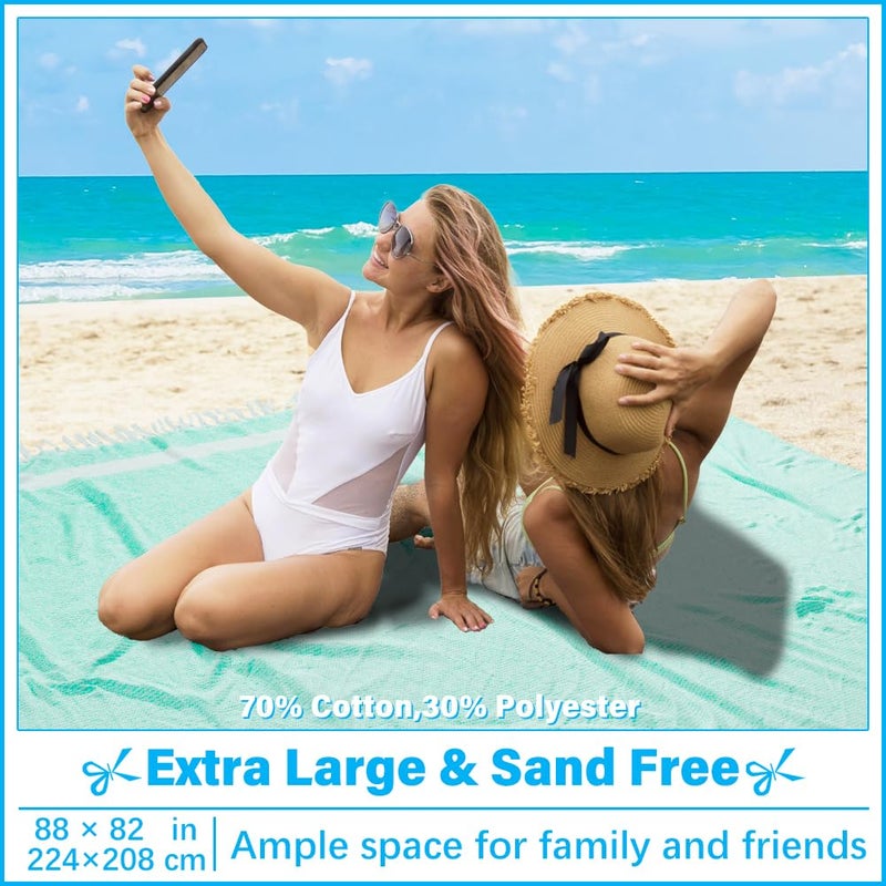 Vikumond Oversized Turkish Beach Towel Blanket XXL Cotton Sandproof Towels Boho Woven Extra Large Big Sand Free Giant Throw Blankets Huge Quilt XL Picnic Camping Necessities Cloud For Adult Gifts Aqua - Image 2